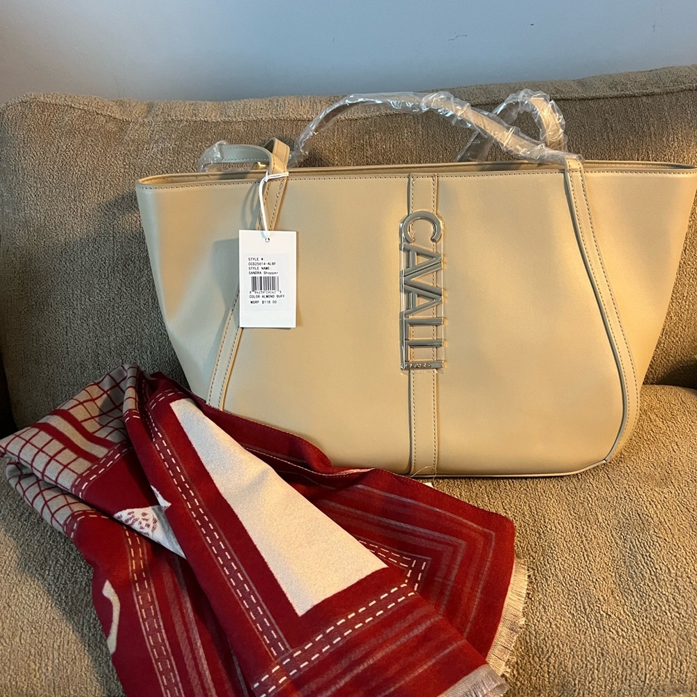 Cavalli Women’s Almond Large Tote and Scarf Bundle NWT